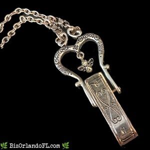 VINTAGE: Brighton Style Lanyard Holder Chain Necklace w/ Floating Angel / Hearts